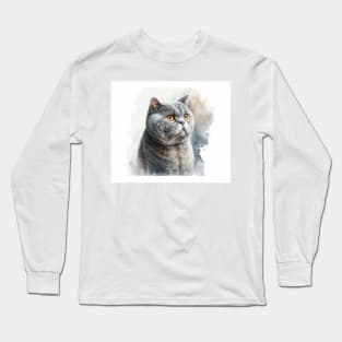 British Shorthair Cat Watercolour Painting Long Sleeve T-Shirt